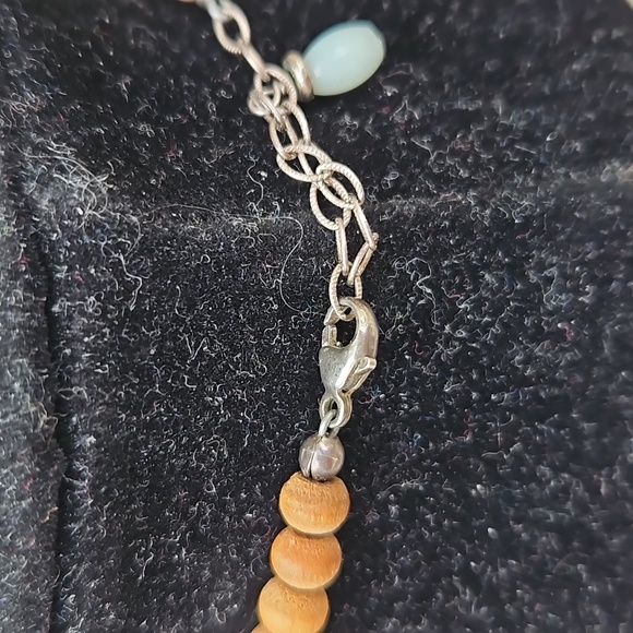 Lustrous Pearl Wood Bead Necklace Larimar Teardrop Pendant Brown/Blue Women's OS - Picture 4 of 4